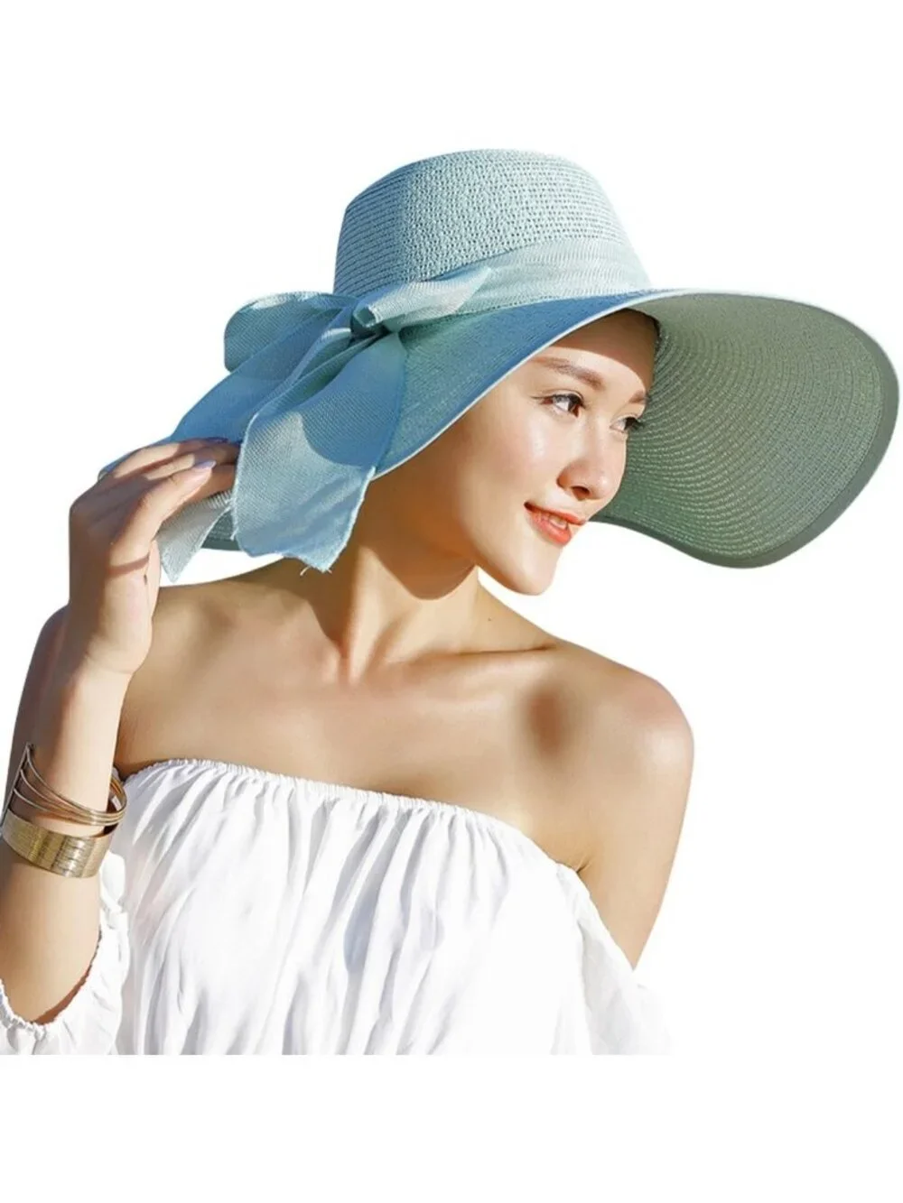 Women's Green 5.7 Inches Big Bowknot Straw Hat Large Floppy Foldable Cap